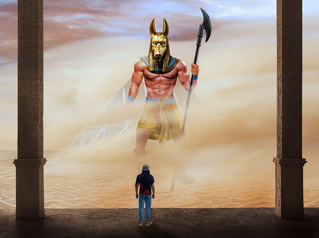 Ancient desert temple at sunset